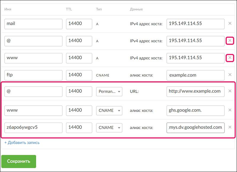 Nic ru настройка dns записей почта